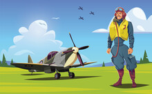 British Pilot And Spitfire Fighter Plane On Field World War II