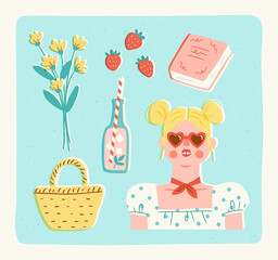 Wall Mural - Portrait of a girl wearing heart shaped sunglasses and items for a picnic. Vector illustration of a stylish young woman, straw bag, lemonade and strawberries. Trendy retro style.