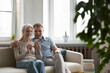 © fizkes - Smiling mature couple hold cellphone share messages with grown up children enjoy easy remote communication use messenger sit on sofa. Older gen and modern tech, e-services, mobile app usage concept