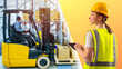 © Grispb - Warehouse services. A woman in the background of a forklift truck. Storekeeper with a tablet computer. Warehouse storage and accounting of goods. People work in the warehouse.
