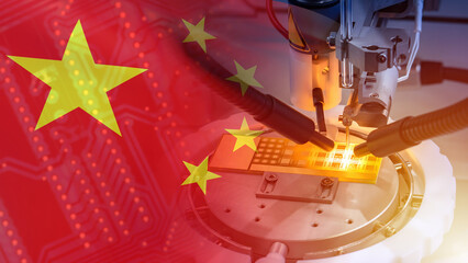 Poster - Chinese microprocessor manufacturing. Microelectronics factory in China. Microelectronics market of PRC. PCB production in China. Soldering robot and chinese flag. Modern electronic technologies.