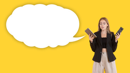 Poster - Girl with gadgets on orange background. Person with two electronic devices. Communication, texting, information search. Place for text in dialog bubble. Collage with place for information.