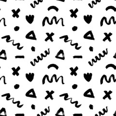 Poster - Chaotic ink brush scribbles decorative texture in memphis style. Hand drawn curved and wavy lines with grunge circles, triangles and crosses. Vector seamless pattern with black grunge shapes