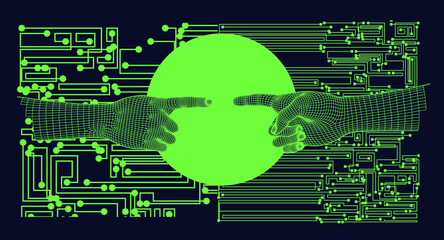 Aufkleber - Low polygonal 3D hands going to touch together. Vector illustration in retrofuturistic vaporwave style.