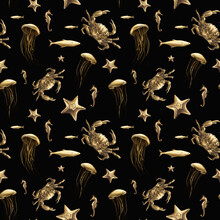 Golden Sea Animals Pattern. Hand Painted Underwater Creative Texture. Repeating Background
