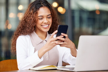 Poster - Im due for a social media break. Shot of a young woman using a phone and laptop while working at a cafe.