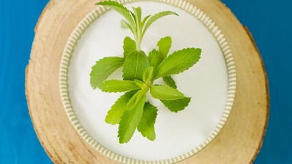 Wall Mural - Stevia in a green bowl with white stevia powder on a wooden saw.Rotation.Stevia rebaudiana. View from above.Organic natural sweetener.Stevia plants. 4k footage