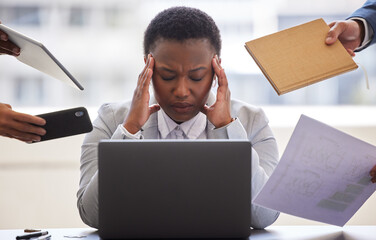 Poster - I need a fast relief so I can get things done. Shot of a businesswoman looking overwhelmed in a demanding office environment.