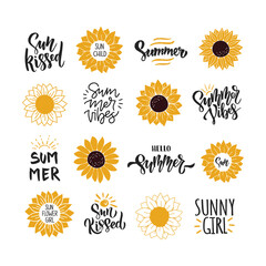 Wall Mural - Summer quotes with sunflower vector illustration. Hand drawn saying isolated on white background. Summer flower clipart for t shirt print, sticker, banner.