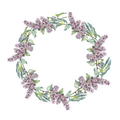  Watercolor circle frame border template for design. Branch with flower lilac and leaves isolated on white background. Hand-drawn summer plant. Art with copy space. Clipart for wedding invitation