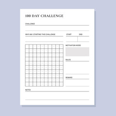 100 day challenge planner sheets daily tracker with motivation word and goals. simple and clean minimalist planner printable