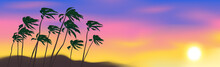 Summer Panoramic Landscape Sunset Palm Trees Background Vector Illustration