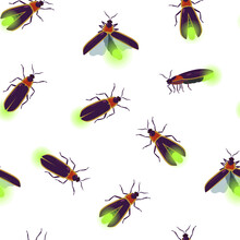 Seamless Pattern With Firefly Beetle Flying With Different Angles For Textile And Design.