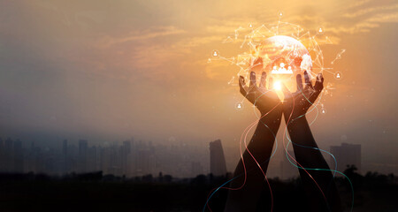 Aufkleber - Businessman hold earth of global structure networking and data exchanges customer connection, Customer relationship, market research, Customer analysis on social network, communication and technology