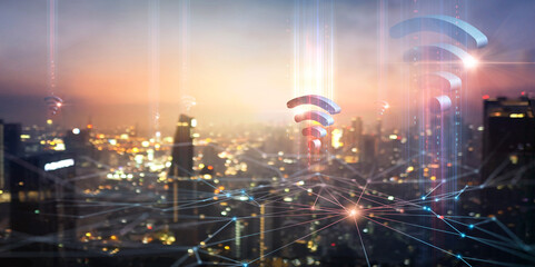 Fototapete - Wireless network and connection technology concept, Cloud computing, Communication technology, Smart city and networking with city background at night.
