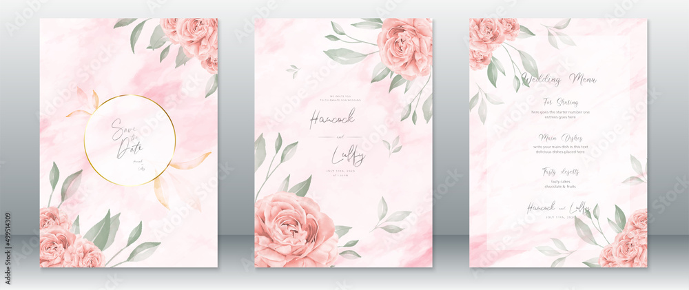 Watercolor wedding invitation card template elegant of pink background ...