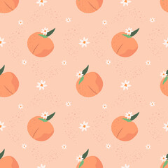 Wall Mural - vector seamless summer pattern in flat style with cute peaches and flowers