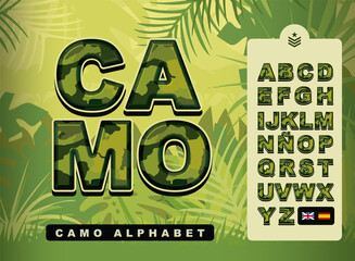 Camo alphabet font. Type letters and numbers in retro army style. Vector typography for your design.