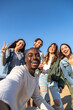 © Daniel - Smiling multiracial friends take selfie looking at camera. Copy space. Vertical image.