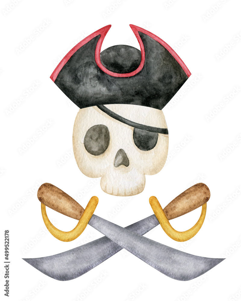 Pirate cartoon skull in hat with eye patch illustration. Watercolor ...