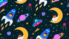 Seamless Cosmic Pattern With Cute Funny Cats In Space. Cats Cosmonauts, Aliens, Stars, Planets, Rockets, Moon And Constellations.