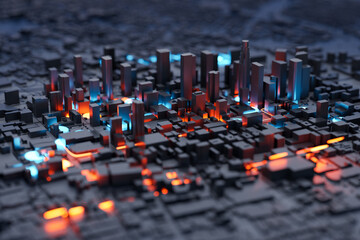 Blue and orange lights in metaverse techno city. 3D rendering.