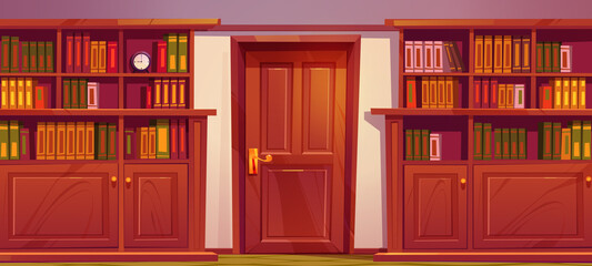 Wall Mural - Library or cabinet with wooden bookcases and door. Vector cartoon illustration of empty shop, university, school or home library interior with books on shelves