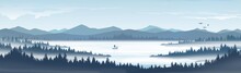 Landscape Vector Illustration Of Mountains And Pine Forests With Mountains And Lakes In Fog.