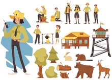 Park Rangers And Protected Forest Animals Set Flat Vector Illustration Isolated.