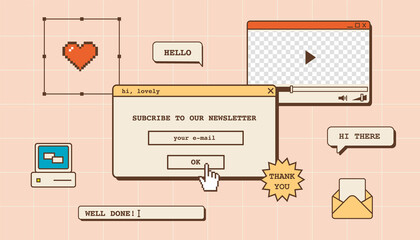 Fototapete - Abstract vintage aesthetic background for newsletter email campaign. Vaporwave desktop template with 80s 90s old computer user interface dialog window and nostalgic retro computer elements. Vector.