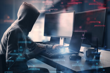 Poster - Side view of hacker at desktop using computers with creative process stages mesh on blurry office interior background. Hacking, system and software concept. Double exposure.