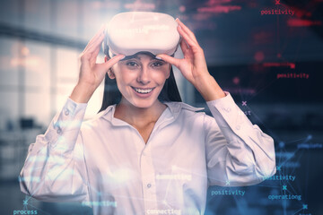 Aufkleber - Attractive young european businesswoman with VR glasses and creative process stages mesh on blurry office interior background. Process, metaverse, system and software testing concept. Double exposure.