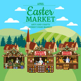 Fototapeta Natura - Easter Market poster, Holiday City Spring Fair, wooden stalls decorated flowers, colored Easter eggs, bunny, baking. Europe village background. Vector illustration