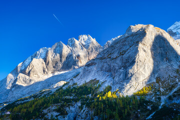 Poster - Mountain scenery in the Swiss Alps. Mountains peaks. Natural landscape. Mountain range and clear blue sky. Landscape in the summertime. Large resolution photo.