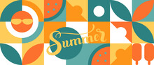 Summer - Beautiful Lettering, Geometric Shapes In A Set For A Beach Flyer Or Web Intro Seamless Background Template. Bright Wallpaper Of Squares, Circles And Triangles.