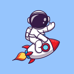 Cute Astronaut Riding Rocket And Waving Hand Cartoon Vector Icon Illustration. Science Technology Icon Concept Isolated Premium Vector. Flat Cartoon Style