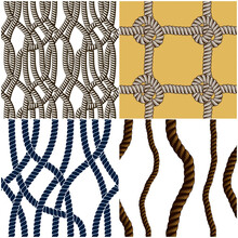 Seamless Patterns Rope Woven Vectors Set, Abstract Illustrative Backgrounds Collection. Endless Navy Illustrations With Fishing Net Ornament And Marine Knots.