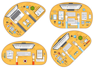 Fototapete - Office employees or entrepreneurs work desks workplaces with hands and PC computers and diverse stationery objects for work, top view. All elements are easy to use separately. Vector set.