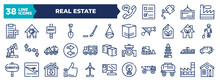 Set Of Thin Line Real Estate Icons. Outline Icons Such As 24 Hour Calling Service Center, Checked Clipboard File, Hang Basket, Worker With Shovel, Cargo Mover Truck, High Speed Train, Frontal Thumbs