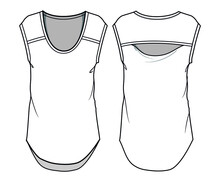 U-neck Back Long Top With Back Yoke Open Front And Back View. Fashion Illustration, Vector, CAD, Technical Drawing, Flat Drawing.
