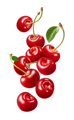 Wall Mural - flying sweet cherries isolated on white background. vertical layout.