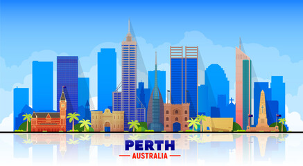 Wall Mural - Perth Australia skyline with panorama on sky background. Vector Illustration. Business travel and tourism concept with modern buildings. Image for banner or web site