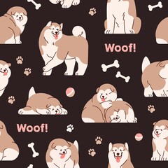 Poster - Cute dogs pattern. Seamless canine background with funny Alaskan malamutes print. Endless repeating woof texture with doggies, puppies. Printable colored flat vector illustration for textile, decor