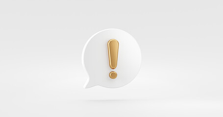 Fototapete - Gold notification icon message alert sign of notice reminder 3d warning symbol alarm or golden risk exclamation error mail button and danger information problem attention isolated on white background.