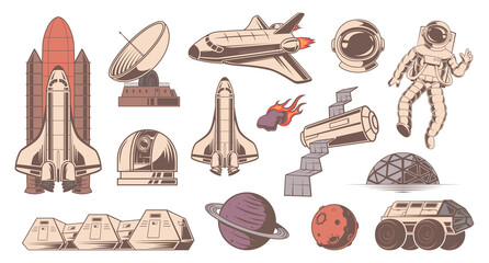 Wall Mural - mars exploration. universe adventure space astronaut suit and helmet rocket shuttle exact vector pic