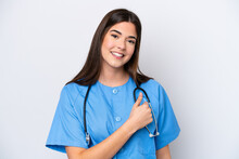 Young Brazilian Nurse Woman Isolated On White Background Giving A Thumbs Up Gesture