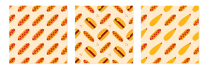 Wall Mural - Set, collection of three vector seamless pattern backgrounds with hot dogs, burgers, cheeseburgers, mustard bottles for fast food design.