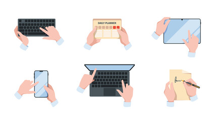 Poster - Business hands top view. Data analytics spreadsheets auditor holding paper and smartphones writing business information garish vector illustrations