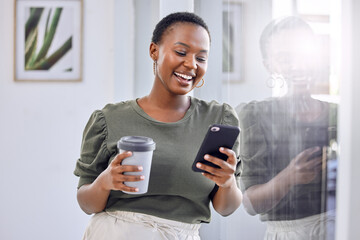Poster - I needed a good distraction from my hectic schedule. Shot of a businesswoman drinking coffee and using her cellphone while standing in an office.