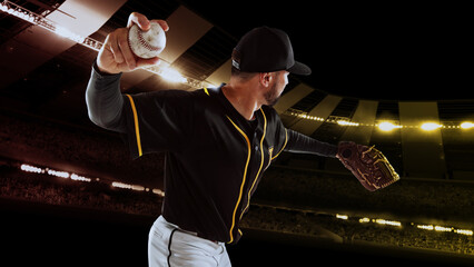 Wall Mural - One professional baseball player taking a shot during match in crowed sport stadium at evening time. Sport, win, winner, competition concepts.